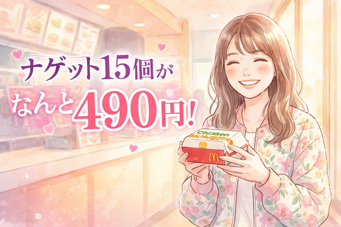 チキンマックナゲットを手に持つ笑顔の女性