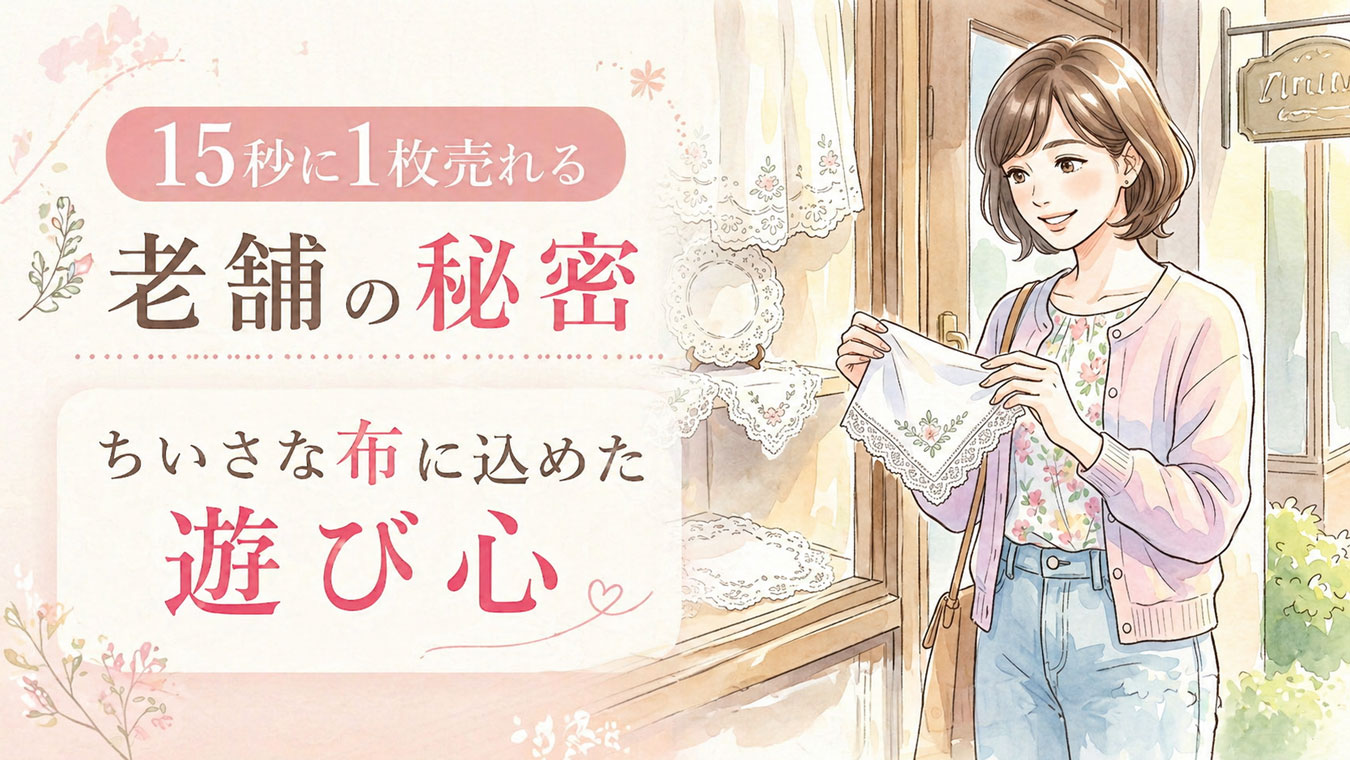 ハンカチを手に取り微笑む若い日本人女性