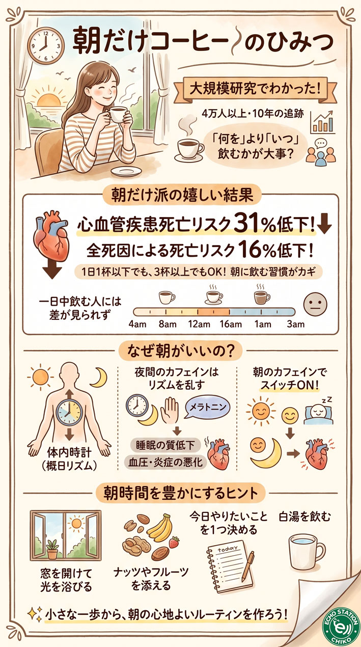 コーヒーは「朝だけ」がいちばん長生きする？最新研究で判明した飲み方の新常識インフォグラフ
