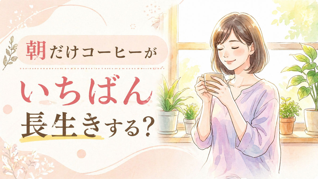 朝のキッチンでコーヒーカップを両手で持って微笑む女性