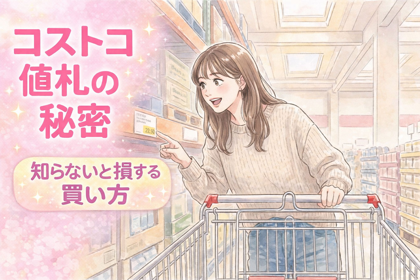 コストコ店内で値札を見ながら驚く女性