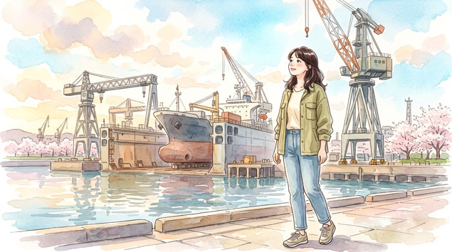 船所・港の近くに立つ女性のイラスト