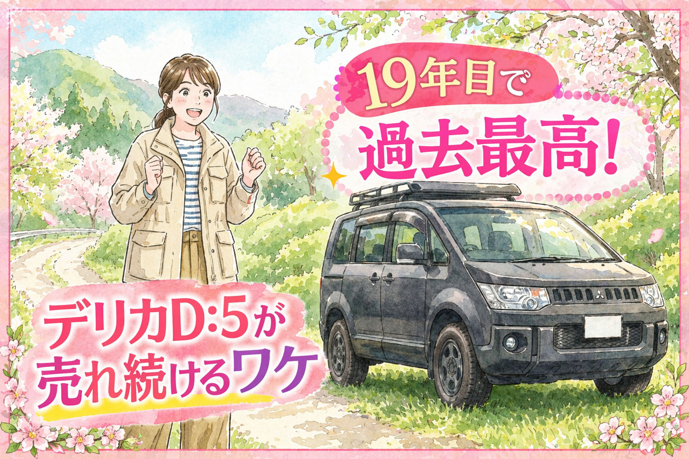 デリカD:5のそばに立ちワクワクした表情を見せる女性