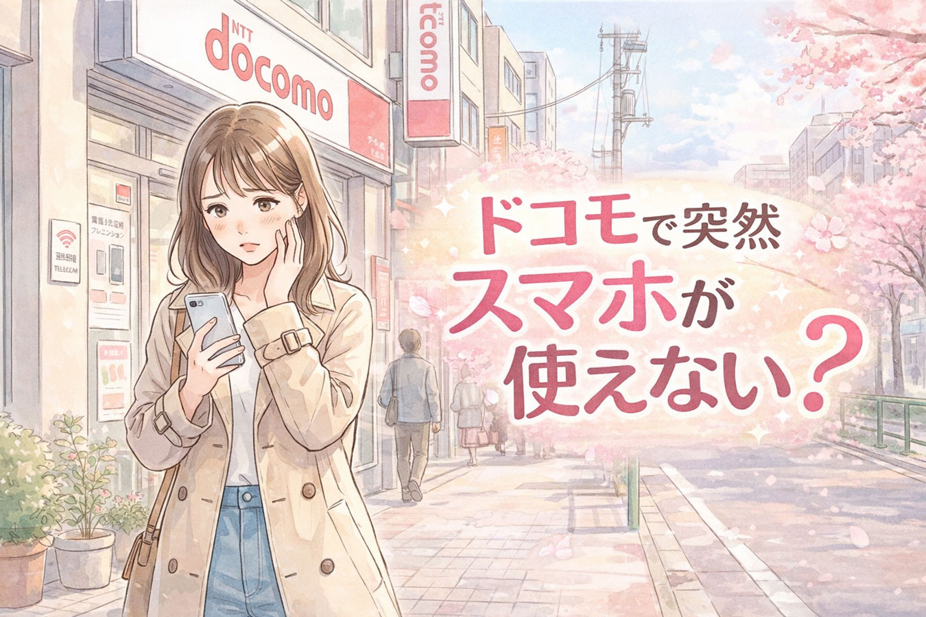 ドコモのスマホトラブルに戸惑いながら街中でスマホを確認する女性のイメージ