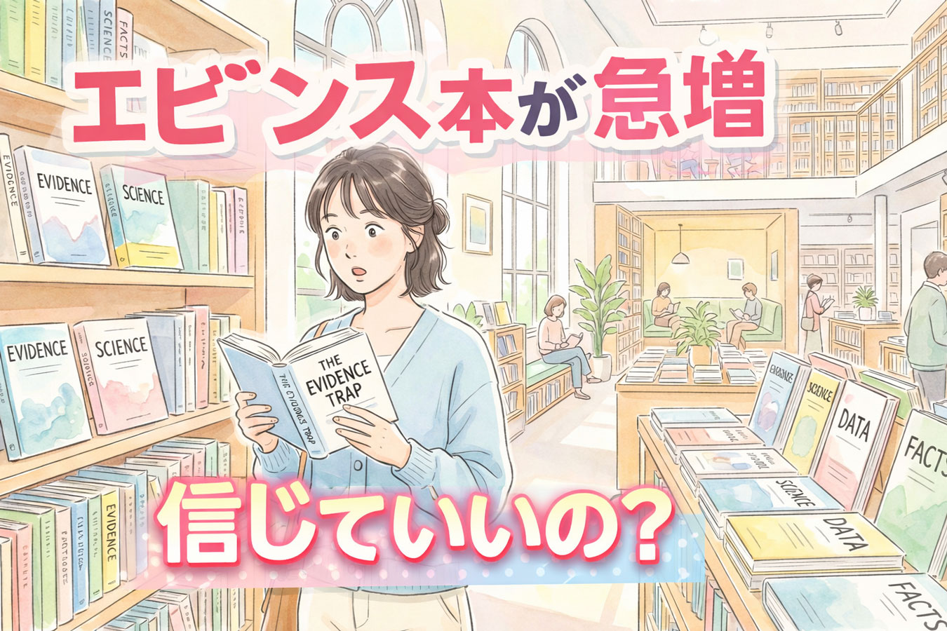 エビデンス本が並ぶ書店で本を手に取り驚く女性