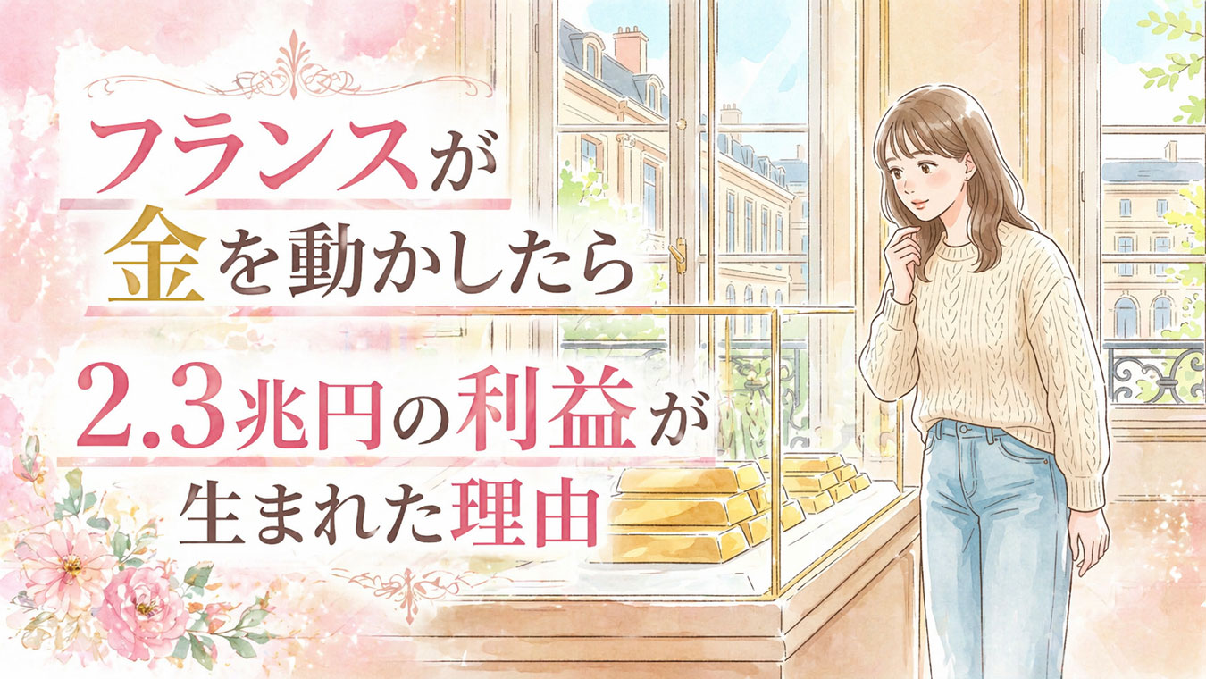 パリの建物を背景に金の延べ棒を眺める日本人女性のイラスト