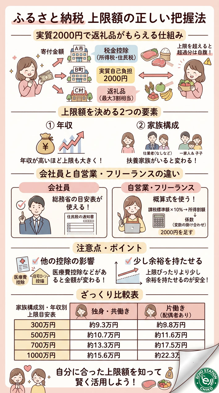 ふるさと納税、損してない？年収・家族構成で変わる「上限額」の正しい把握法 インフォグラフ