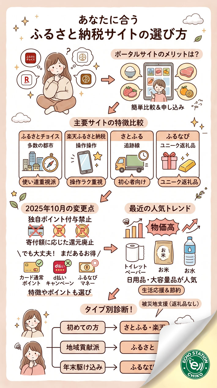 ふるさと納税のポータルサイト、どれを選べばいい？あなたに合った使い方を見つけようインフォグラフ