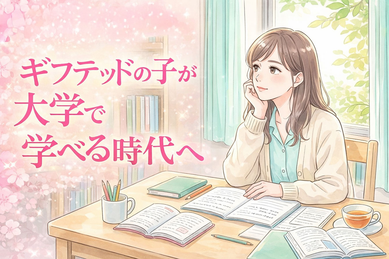 窓の外を見つめながら勉強机に座る若い女性