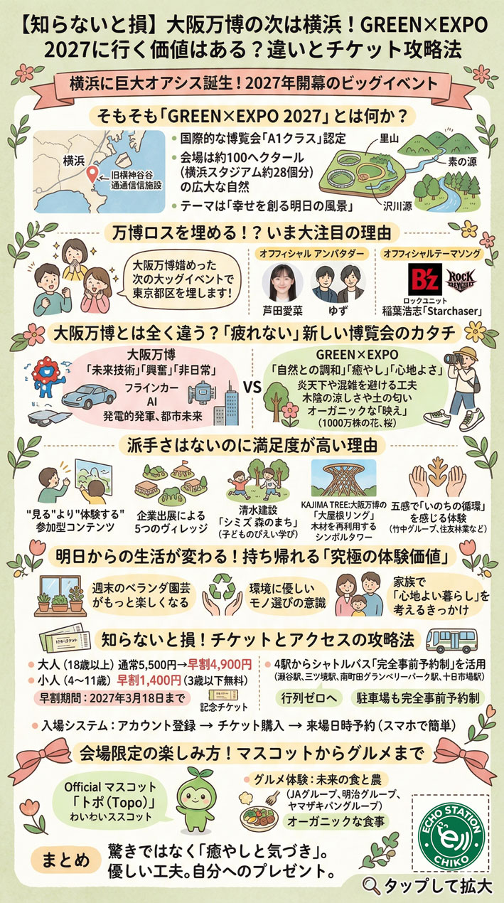 大阪万博の次は横浜!GREEN×EXPO 2027が「疲れないイベント」な理由とチケット攻略法 インフォグラフ