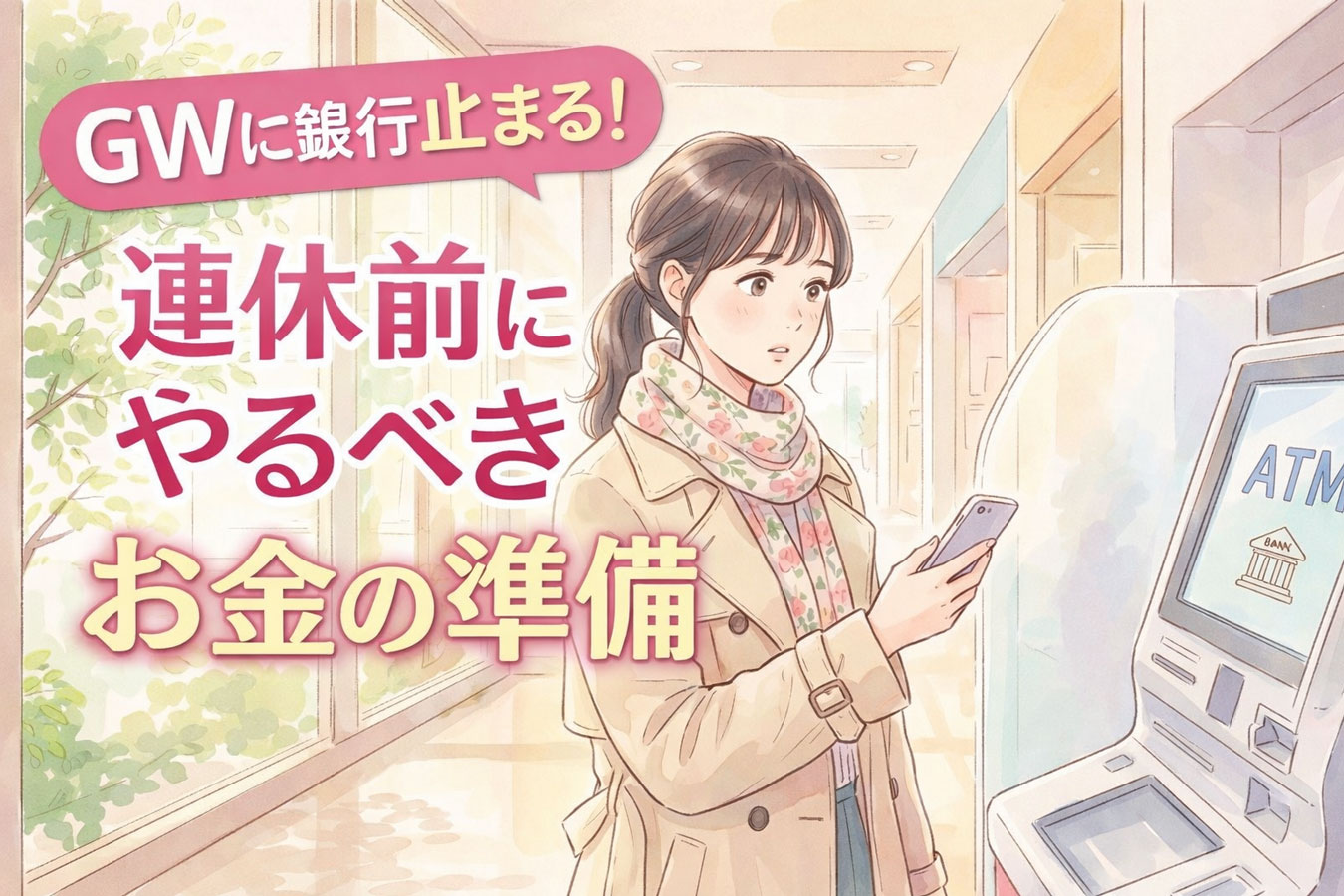 GWに銀行ATMの前でスマホを確認する女性