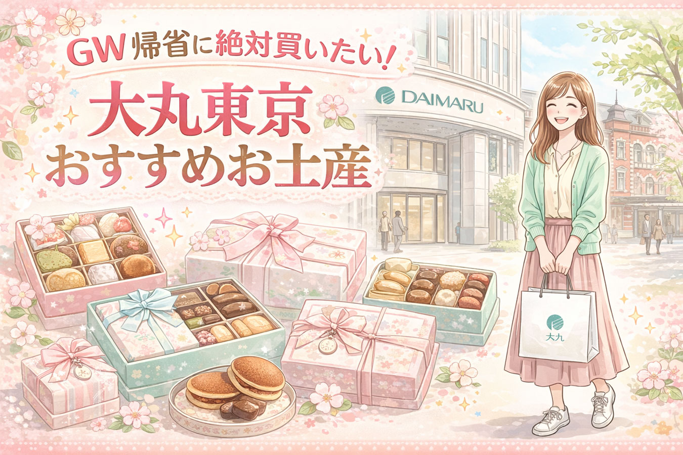 東京駅前の大丸東京店でお土産を買う女性のイラスト