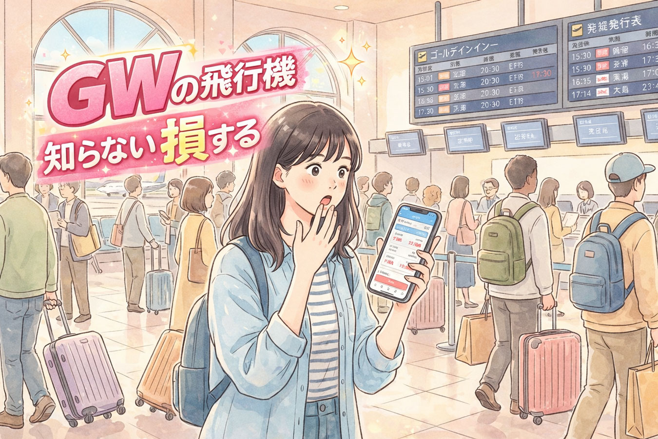 Wの空港で飛行機の価格に驚く女性