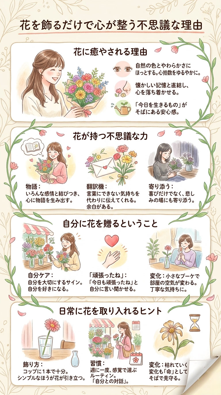 花を飾るだけで、なぜか心が整う。その不思議な理由を考えてみた インフォグラフ