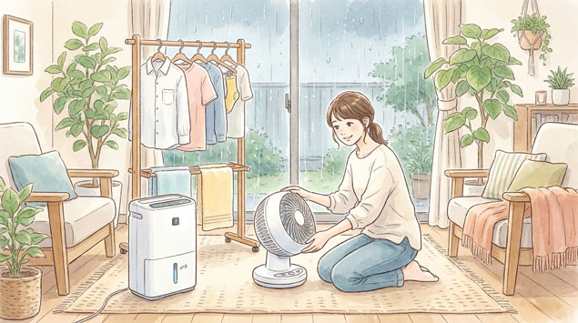 洗濯物の下に置かれた除湿機と、サーキュレーターが回っている明るいリビング