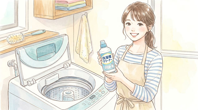 洗濯槽クリーナーを手に洗濯機を掃除しようとしている女性