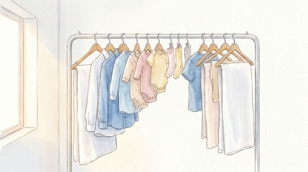 アーチ状に洗濯物を干したハンガーラックと除湿機がある部屋