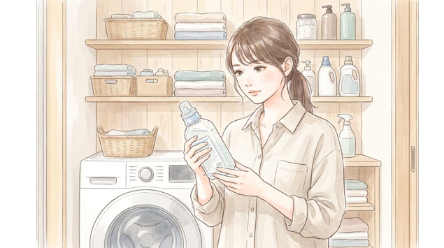 洗剤を手に洗濯機の前に立ち、真剣な表情で選んでいる女性