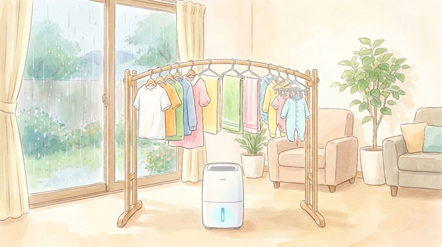 PIC2 | alt: 洗濯物が干されたリビングに除湿機が置かれた室内の様子