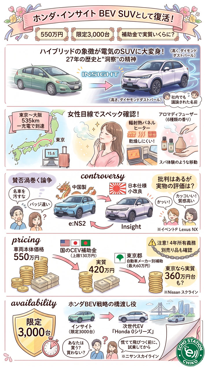 ホンダ・インサイト復活！550万円のBEV-SUVに限定3000台の秘密と補助金で実質いくらになるかの真実インフォグラフ