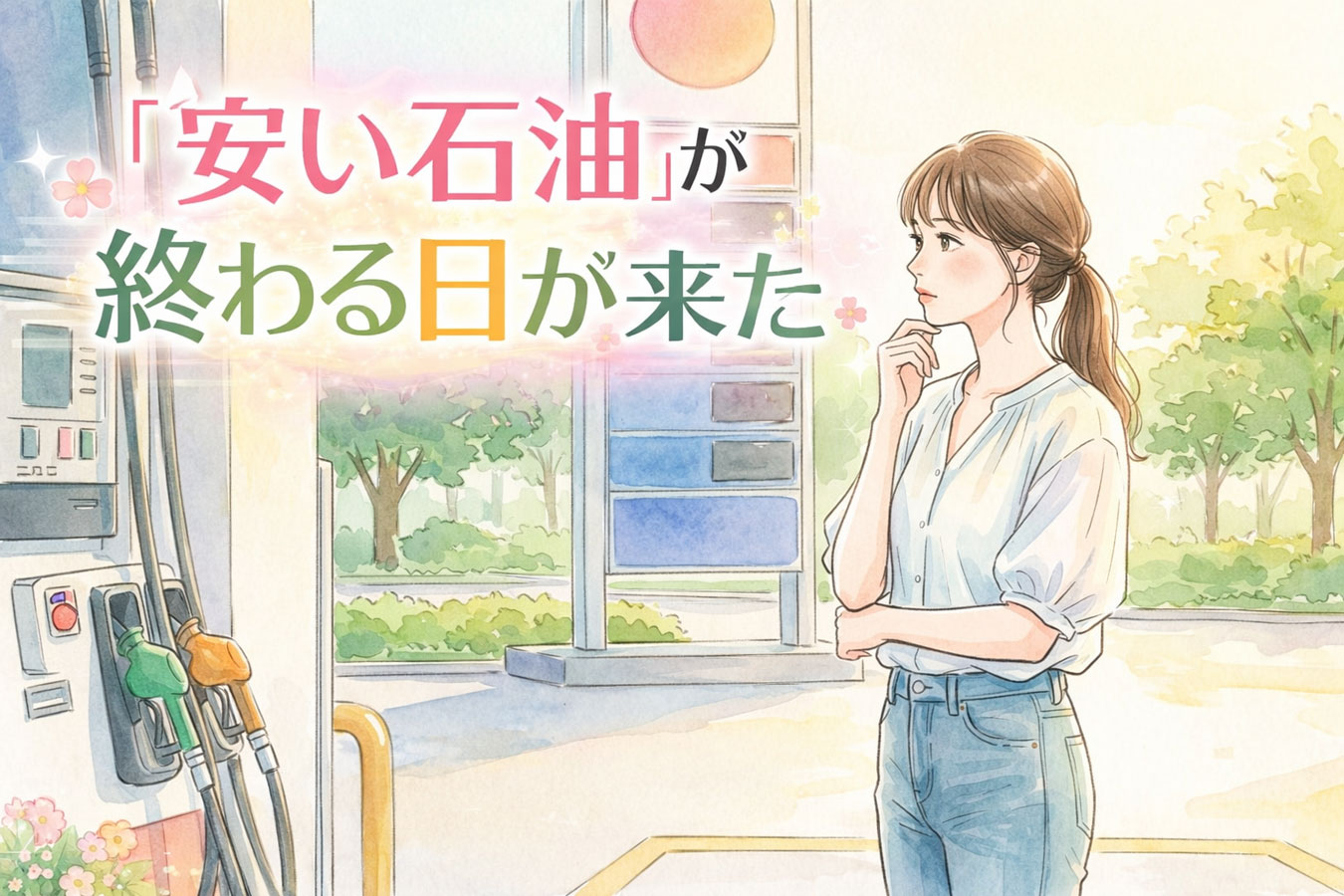 ガソリンスタンドで価格表示を見つめる女性