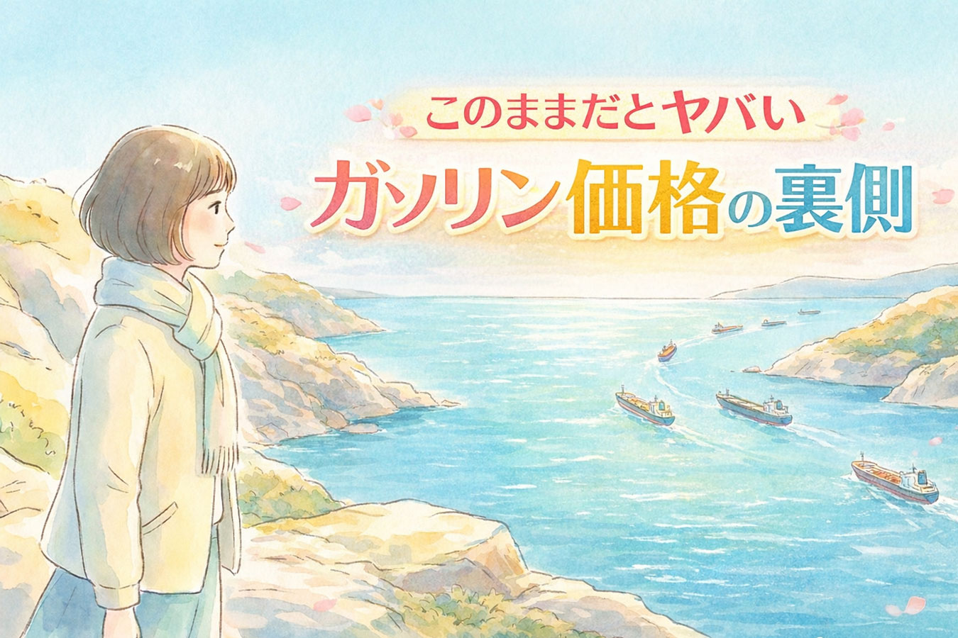 ホルムズ海峡を見つめる女性と行き交うタンカー