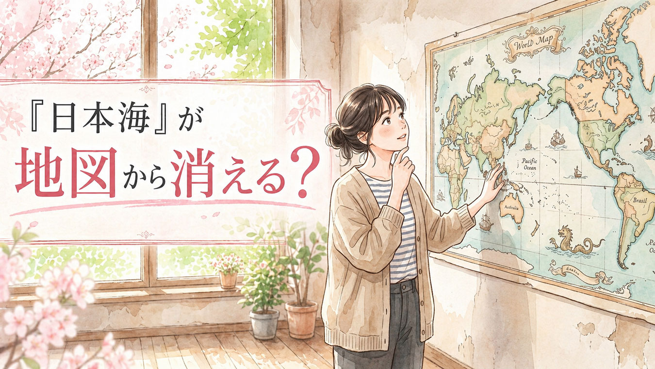 世界地図を眺める若い日本人女性のイラスト