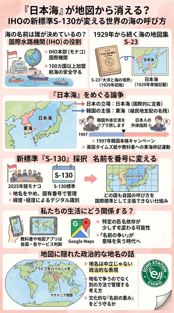 「日本海」が地図から消える日｜IHOの新標準S-130が変える世界の海の呼び方インフォグラフ