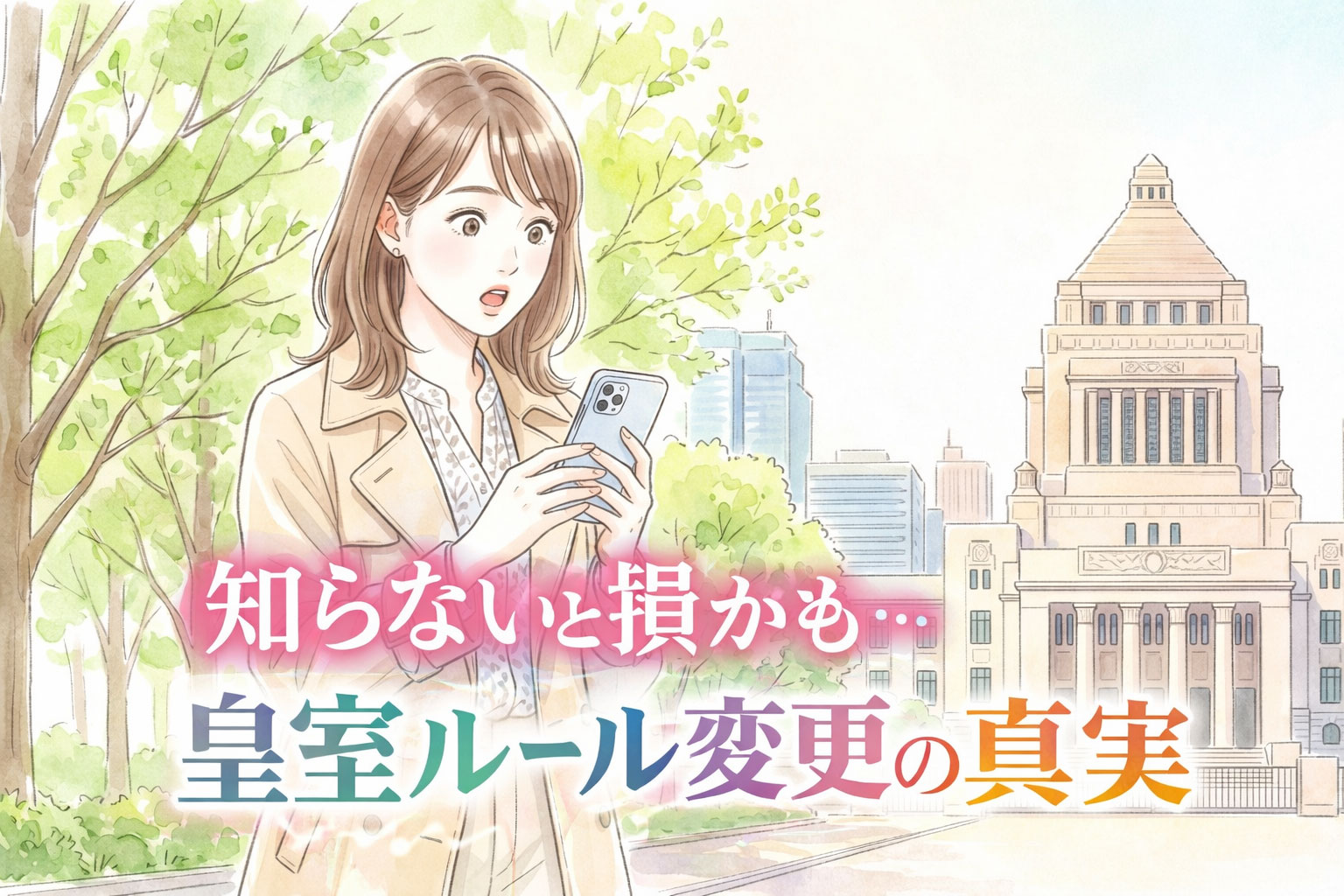 皇室のルール変更をスマホで調べる女性