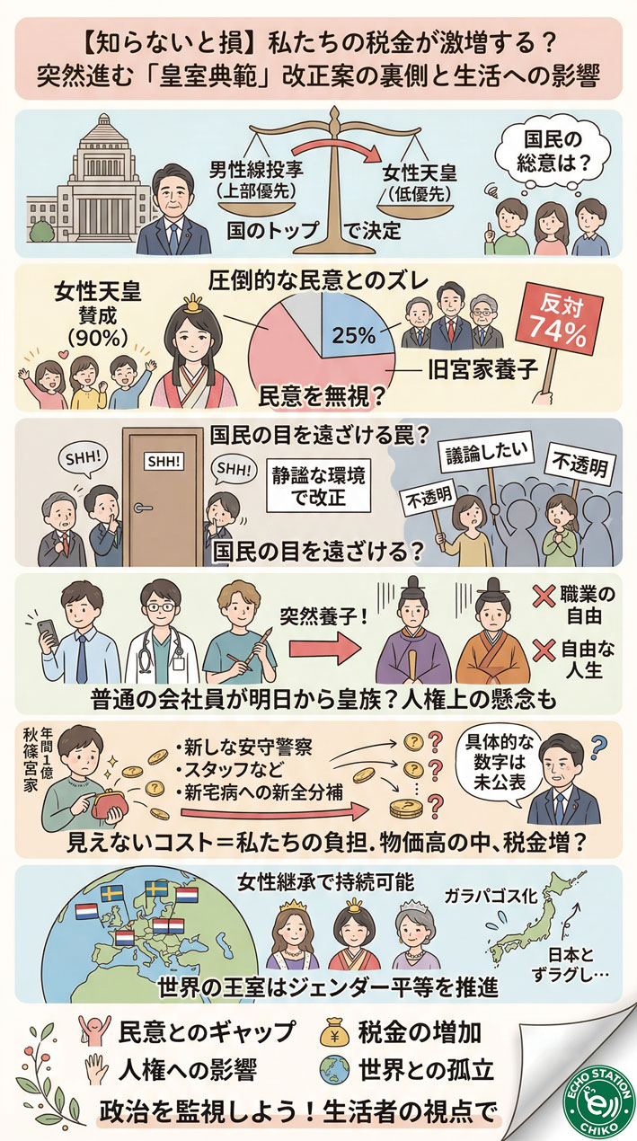 【知らないと損】私たちの税金が増える？進む「皇室のルール変更」と生活への影響インフォグラフ