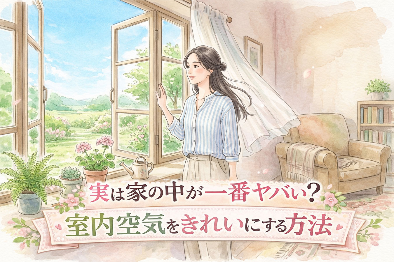 窓を開けて換気している女性のイラスト