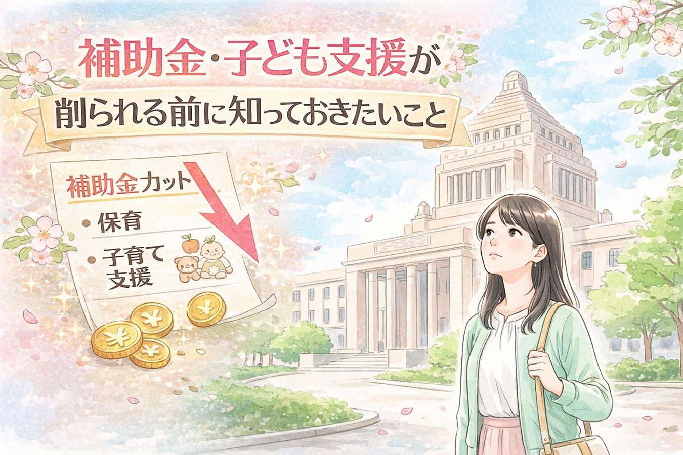 官公庁を見上げる女性のイラスト