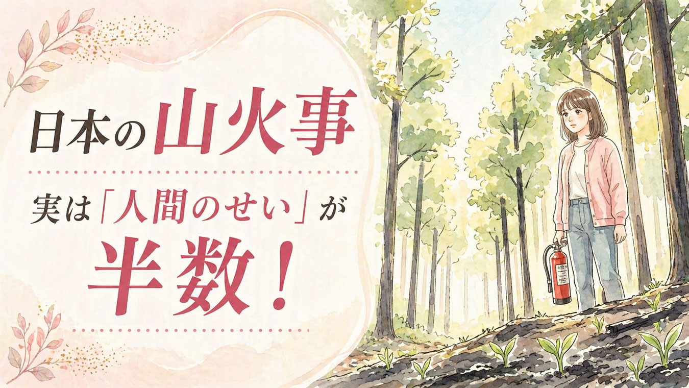 春の山林の入り口に立ち空を見上げる日本人女性のイラスト