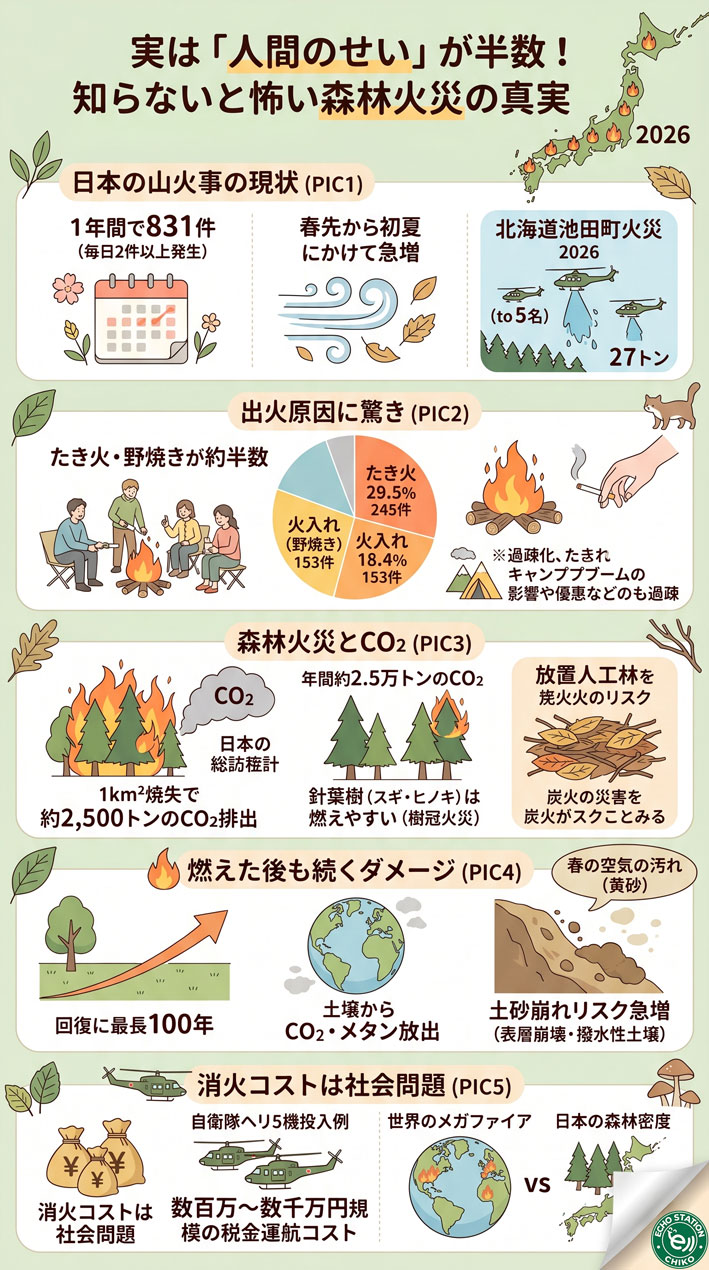 日本の山火事、実は「人間のせい」が半数！知らないと怖い森林火災の真実2026 インフォグラフ