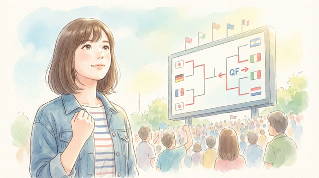 日本代表の勝ち上がりを期待する女性