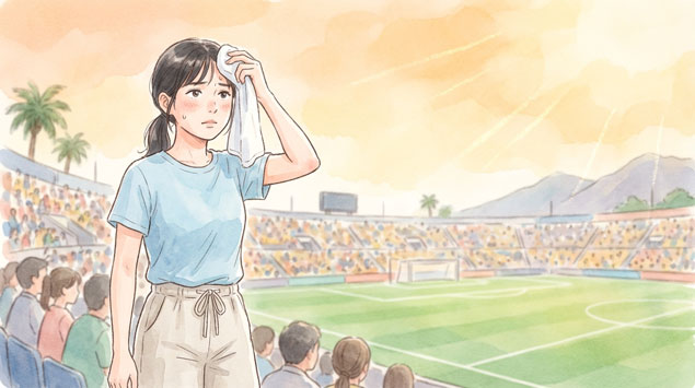 暑さの中で試合を観戦する女性