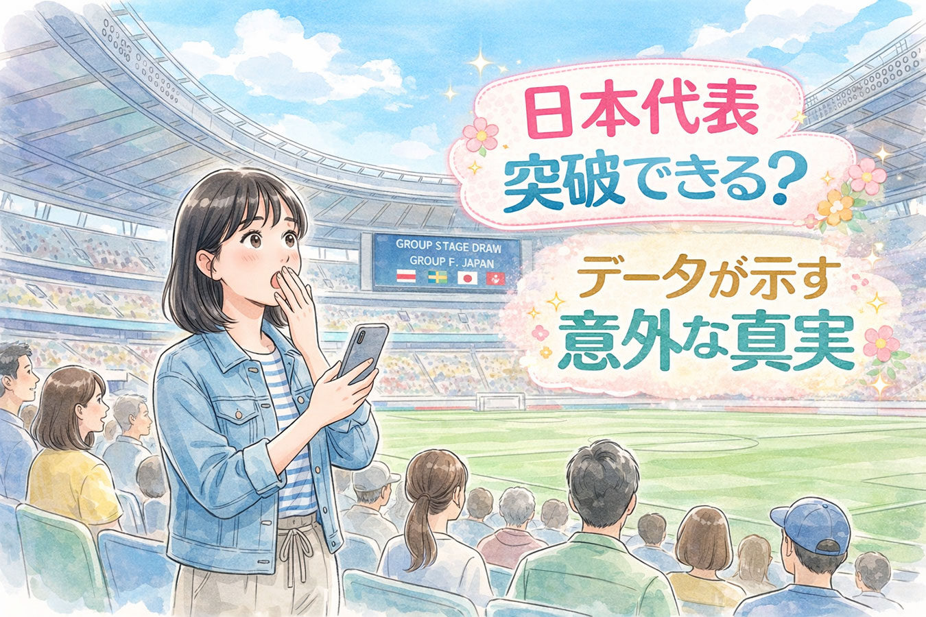 日本代表のグループF組み合わせをスタジアムで確認する女性