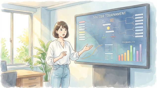 サッカーのデータ分析で日本代表の突破確率を確認する女性