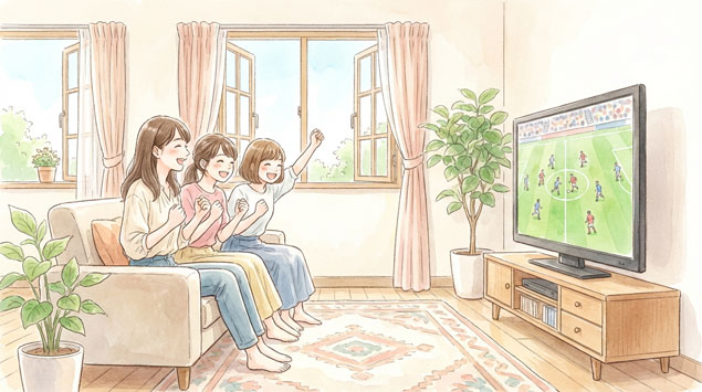 TVで応援する女子友達3人組