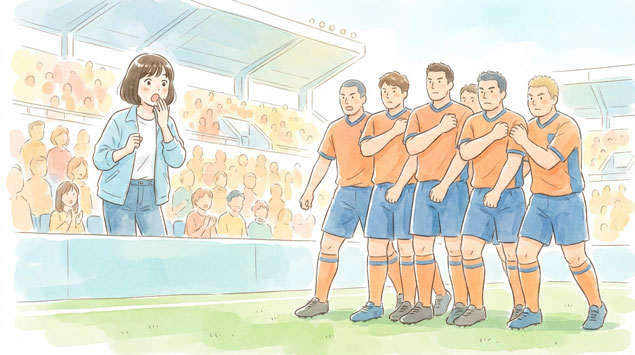 オランダの強固な守備を見て驚く女性