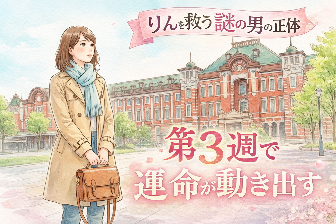 明治時代を思わせる歴史的な駅前で新しい一歩を踏み出す若い女性のイラスト