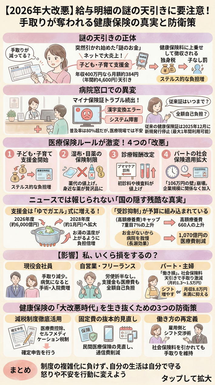 知らないと損…給与明細の謎の天引き｜2026年健康保険改定で手取りが減る理由 インフォグラフ