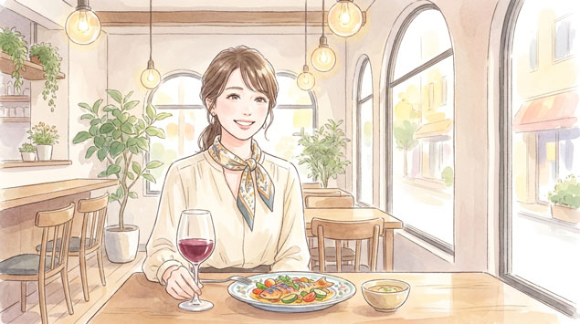 PIC6 | alt: おしゃれなカフェレストランでゆったり食事を楽しんでいる女性のイラスト