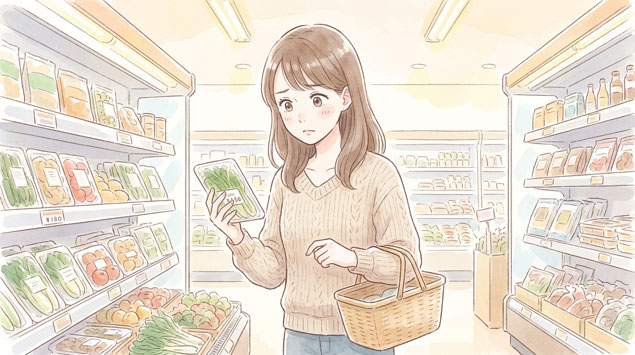 PIC5 | alt: スーパーの食品コーナーで値段を見て困った表情の女性のイラスト