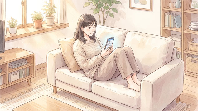 PIC4 | alt: スマートフォンのニュースを見て考え込んでいる30代女性のイラスト