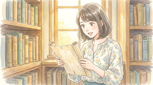 PIC3 | alt: 古い書類や年表を前にして驚いた表情の女性のイラスト