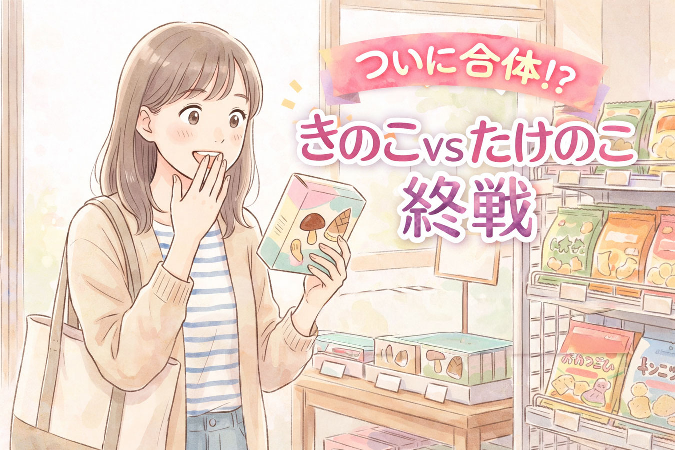 コンビニで新作お菓子に驚く女性