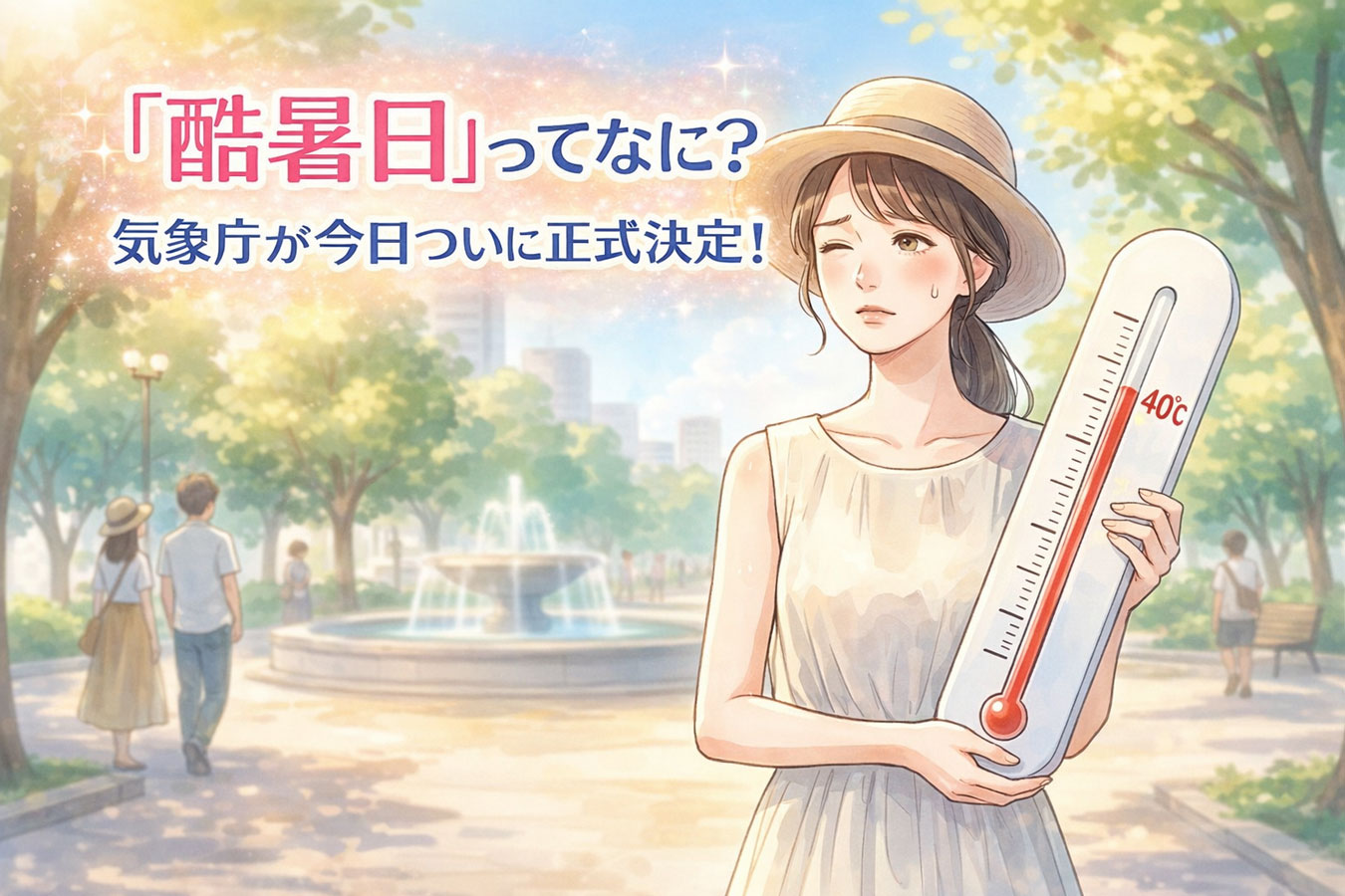 40℃を示す温度計を見る女性