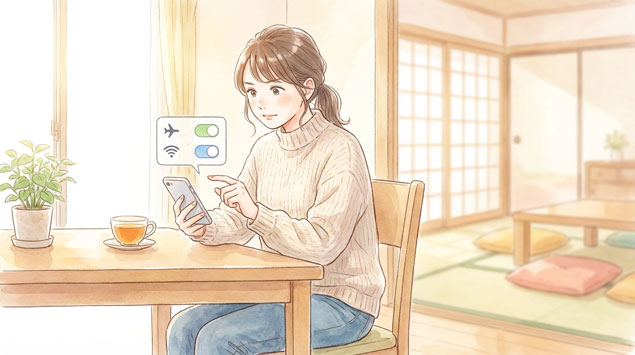 スマホの機内モードやWi-Fiを切り替える女性