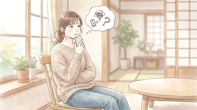 INE通話がつながらない原因を考える女性